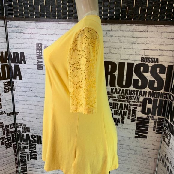 Denim & Co.Yellow V-Neck Short Lace Sleeve Top - Picture 5 of 6
